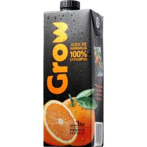 Envase tetra de jugo de naranja 100% exprimido marca GROW de 1 litro.